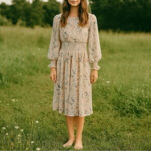 WE ARE KINDRED Pippa Shirred Floral Metallic Long Sleeve Midi Dress